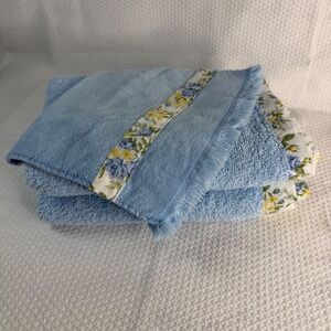 Vintage Cannon & Fieldcrest Blue Cotton Floral Trim Towel Set Made in USA 3pc